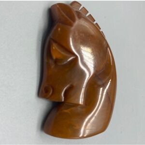 Vintage Carved Bakelite 1940s horse head brooch in‎ marbled Caramel